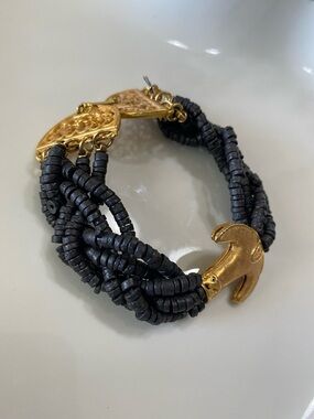 Black Beaded Multi-Strand Bracelet with Gold Anchor Accent
